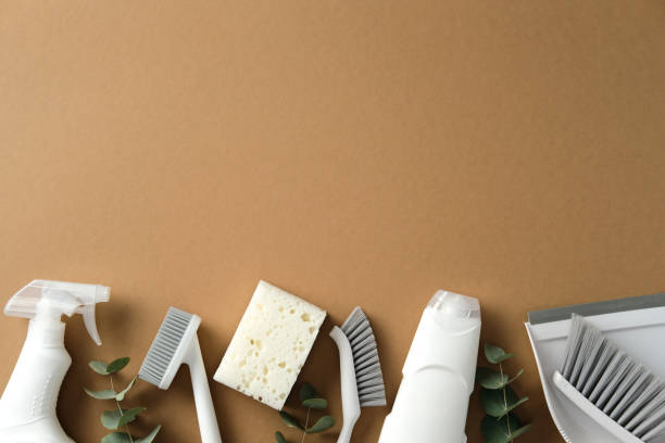 istock Eco-friendly cleaning supplies set on a brown background. Includes spray bottle, brushes, sponge, and green leaves 2202260910