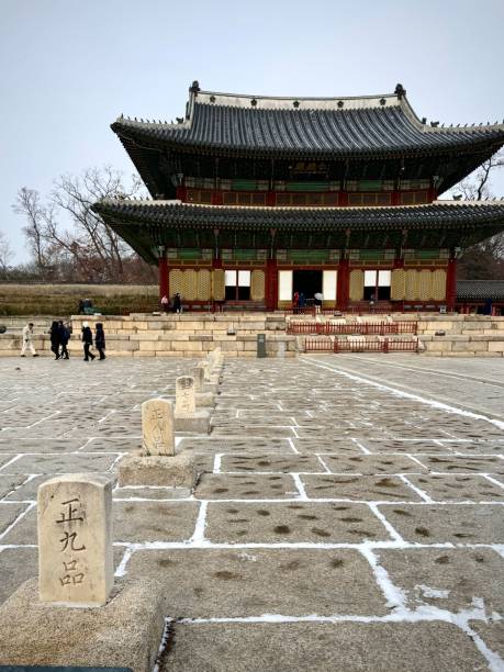 istock Traditional Korean palace architecture with stone markers. 2202264588