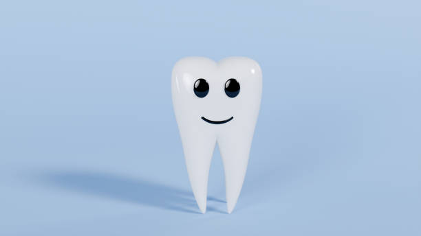 3D model of white molar with a smile on a blue background, dentistry, teeth design, happy tooth