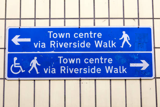 Surrey, UK - April 5th 2023: Close-up of signs for the town centre in the historic town of Guildford in Surrey, UK.