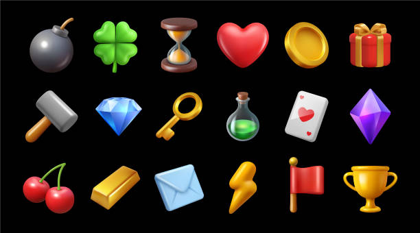 istock Realistic ui game icons set. Vector bomb and clover leaf, heart and coin, gift and hammer, diamond and key, poison flask and cards, cherries and gold, envelope and lightning bolt, flag and trophy cup 2202275241