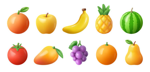 istock Tropical and exotic fruits set, isolated ripe organic meal for vegans and vegetarians. Vector 3d watermelon and apple, banana and pear, mango and tomato, pineapple and grapes, grapefruit and orange 2202275246