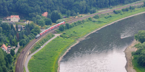 Koenigstein, Germany - June 13, 2016: A red train travels along the scenic Elbe River, surrounded by lush greenery and picturesque houses.