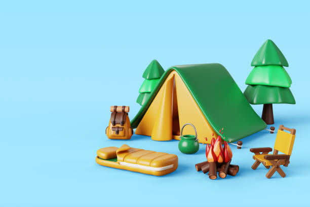 istock 3d summer camp in forest with bonfire, tent, sleeping bag, backpack and chair. Cartoon render landscape with campsite and trees on blue background for hiking and outdoor adventure 2202281781