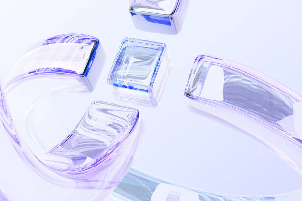 istock 3d crystal glass cube block with circular lines on pastel light background. Abstract pearlescent holographic gradient shapes, curve wave pattern. Digital tech banner, render wallpaper 2202281803