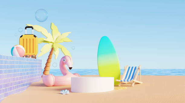 istock 3D render, Summer podium background with colorful beach scene with flamingo float, surfboard, and suitcase 2202287039