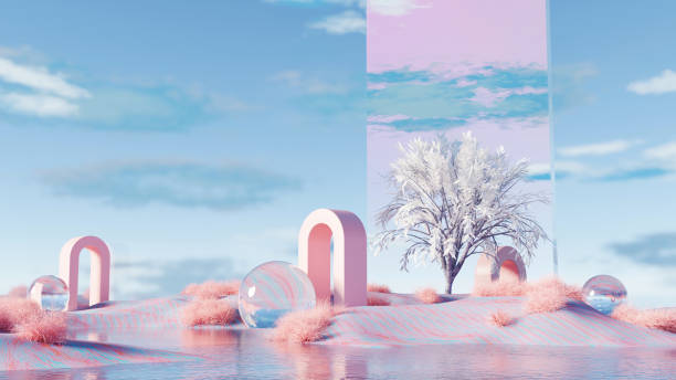 istock 3D render, Surreal landscape with pink arches, glass spheres, and a white tree in dreamy background 2202287040
