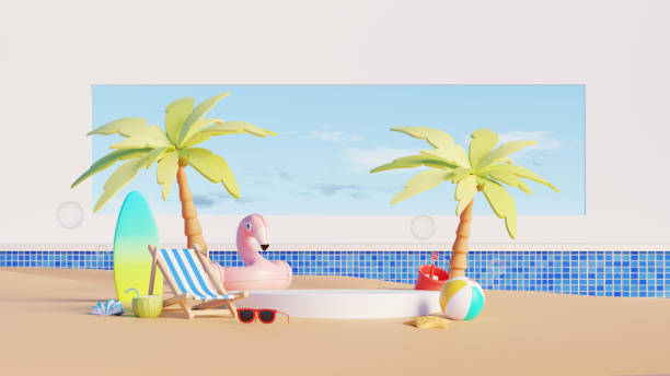 istock 3D render, Podium display and Beach scene with flamingo float, palm trees, beach chair, and summer accessories 2202287046