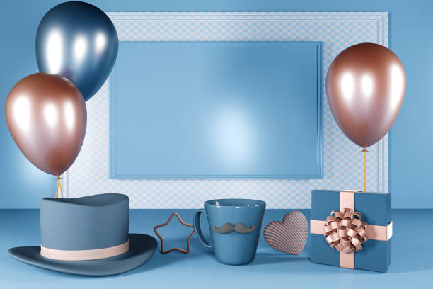 istock Father's Day decorations with blue balloons, a gift box, and a hat set against a light blue background. 3d rendering 2202287951
