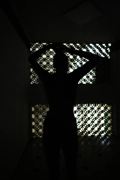Mysterious female figure standing against an intricate lattice of light and shadow, her presence both hidden and revealed in contrast