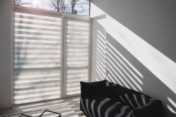 istock Room with big window blinds for lighting range control. Day or night curtains. 2202292978
