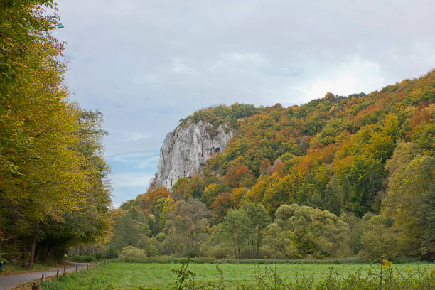 Autumn landscape. A rock in an autumn forest