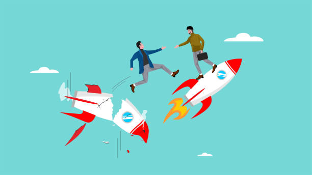 istock business partner trust, trust in business partnership, businessman helps his co-worker from a rocket that is about to fall illustration 2202301083