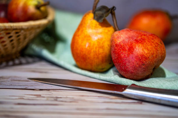 Fried duck fillet with pear on a plate