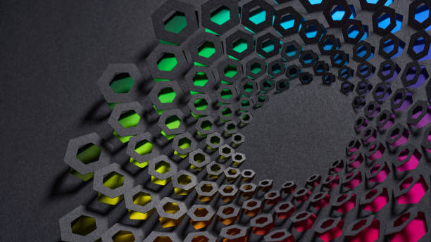 istock Intricate hexagonal cut paper artwork with a spiral gradient of vibrant rainbow colors on a dark background. 2202303757