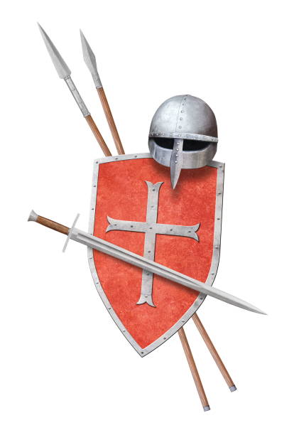 istock red knight's shield helmet sword and two spears isolated on white 2202308519