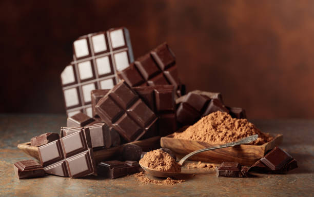 istock Broken bitter chocolate bar and cocoa powder. 2202309927