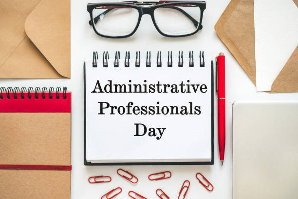 istock Happy Administrative Professionals Day. Notepad with congratulatory inscriptions 2202311311