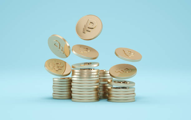 istock Indian Rouble Gold Coins with on Blue Soft Infinity Background 2202312683