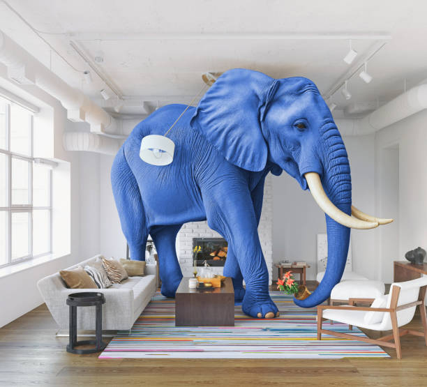 Large elephant in a living room with colorful rug and sofa. 3d render
