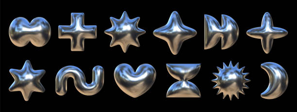 istock Unique collection of inflated figures featuring diverse creative shapes with a shiny metallic liquid texture displayed against a dark background 2202318177