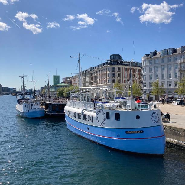 May 2022. Copen hagen. Denmark. Beautiful old fishing boat used for restaurant in Copenhagen , - where they serve fish and chips.
