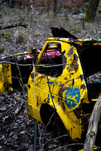 istock Yellow wreck car in a small forest. 2202322843