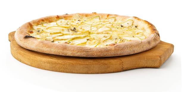 istock Pizza with pear isolated on white background. Tasty hot pizza fruit with 4 four cheese gorgonzola on wooden dish or tray at an angle view for design menu and promotional. 2202327275