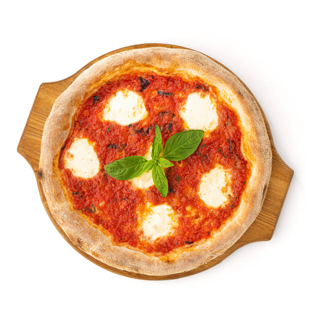 istock Pizza Margarita with mozzarella cheese, basil and tomato, template for your design and menu of restaurant, on isolated white background 2202329000