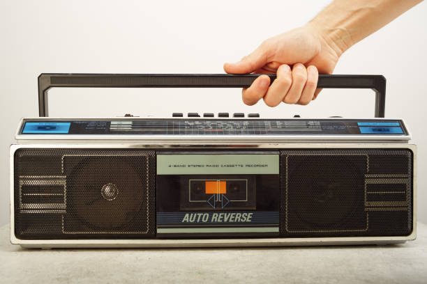 Retro ghetto radio boom box cassette recorder from 80s. with headphones.