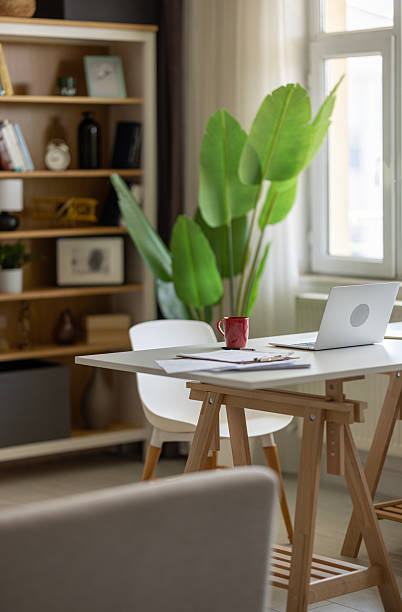 istock Bright modern office interior with laptop computer, houseplants, books and various office supplies on white table. 2202333595