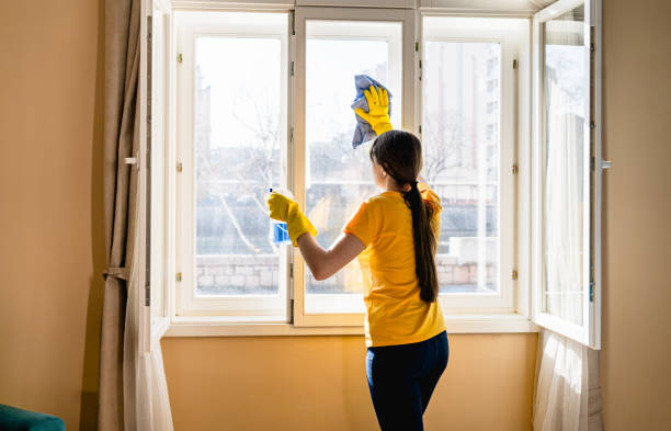 istock Young woman cleaning window glass 2202336250