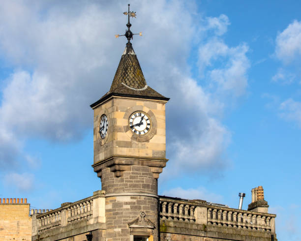 An elegant clocktower of a building previously used by Edinburgh Savings Bank, in the Stockbridge area of Edinburgh in Scotland.
