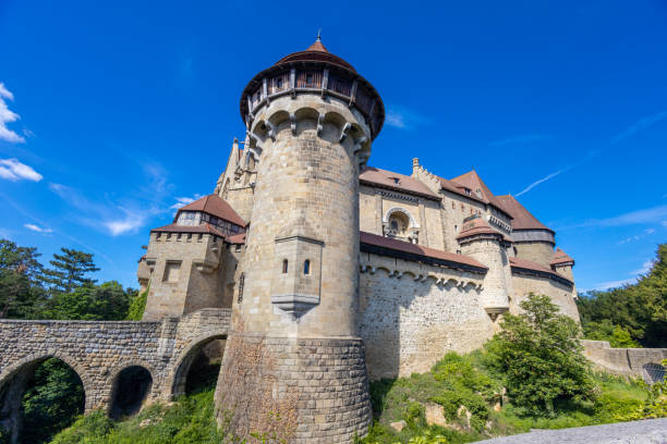 A dramatic low-angle perspective of the massive stone defense tower at the Ananuri Fortress complex in Georgia. The image highlights the ancient masonry and weathered textures of the 17th-century fortification. A playful human element is captured with a person waving from a high window, emphasizing the scale of the structure against a blue sky with soft white clouds. This landmark along the Georgian Military Highway is a masterpiece of medieval Caucasian architecture.