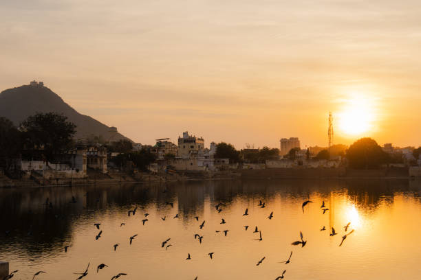Scenic view of Pushkar lake at sunset in Rajasthan, India