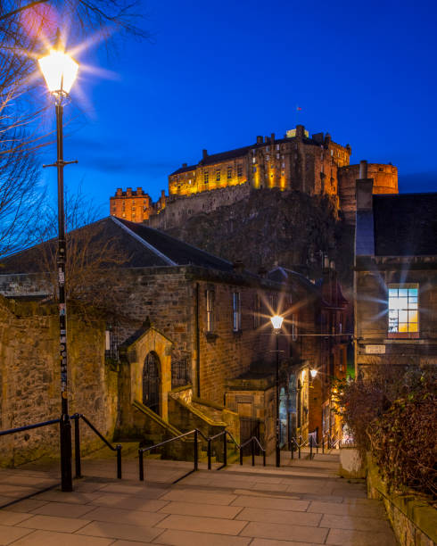 The magnificent Edinburgh Castle viewed from the Vennel in the city of Edinburgh in Scotland, UK.