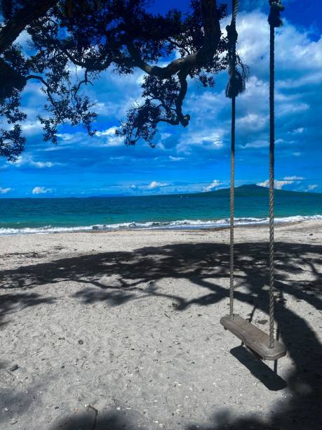 istock Relaxing beach swing with Rangitoto island in the background. 2202359143