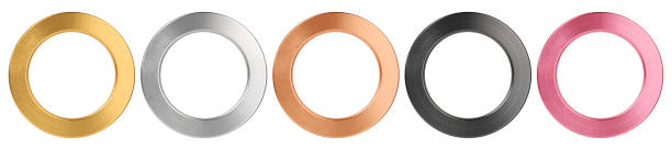 Isolated brushed metal round rings in various colors. Decorative design elements. 3D Rendering.