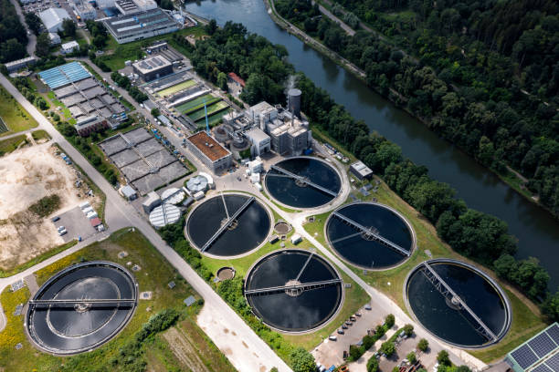 istock Sewage treatment plant from above 2202364925