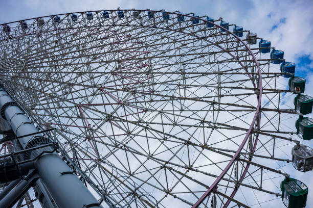The view of a giant Ferris Wheel from the ground looking upwards towards a moody sky.