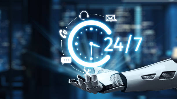 istock Futuristic robotic hand displaying 24-hour service concept with clock icons and communication symbols in a modern digital environment. Auvana 2202388758