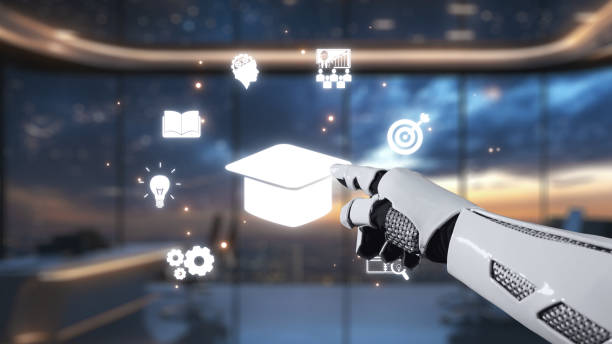 istock Robotic Hand Pointing at Educational Icons Representing Learning, Innovation, Technology, and Future Development in Modern Digital Environment. Auvana 2202389250