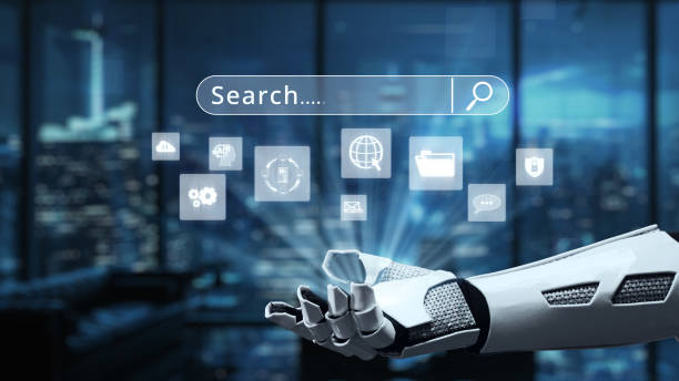 istock Futuristic Robotic Hand Reaching Out to Search Icon with Digital Interface in a High-Tech City Background at Night, Concept of Innovation and Technology. Auvana 2202389733
