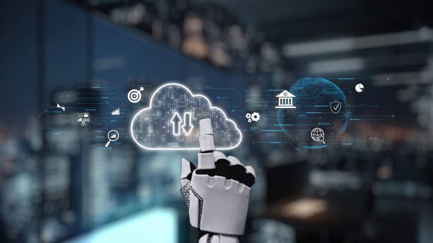 istock Futuristic Robotic Hand Interacting with Cloud Technology and Digital Icons in a Modern Office Environment. Auvana 2202390691