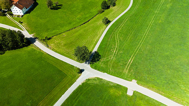 istock Aerial Minimalist Road Through Lush Green Fields in Central Europe 2202397335