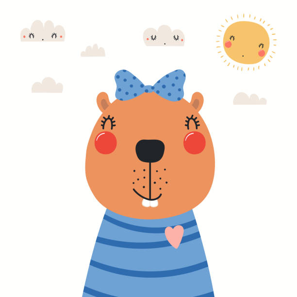 Cute beaver portrait Hand drawn portrait of a cute beaver in shirt and ribbon, with sun and clouds. Vector illustration. Isolated objects on white background. Scandinavian style flat design. Concept for children print. clip art of baby beaver stock illustrations