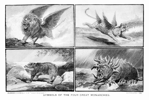 Four creatures represent different kingdoms in (future) history. Old Testament scripture of prophecy in Daniel Chapter 2. Symbolism. Illustration published 1890. Original edition is from my own archives. Copyright has expired and is in Public Domain.