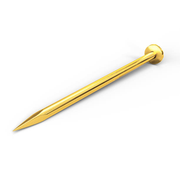 Golden safety pin pierced through gray background. 3D rendering with clipping path