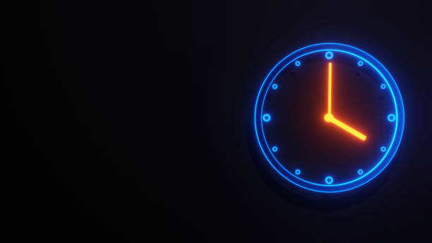 istock Blue and Orange Neon Clock Face Displaying 4 O'Clock in a Dynamic 3D Abstract Design 2202414123