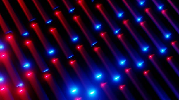istock Red and Blue Glowing Neon Line Geometric Abstract Design with Depth and Texture in 3D 2202414736